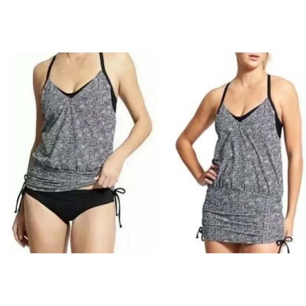 Athleta Black White Geometric Print Tankini Swim Top Tummy Control Ruched Sides